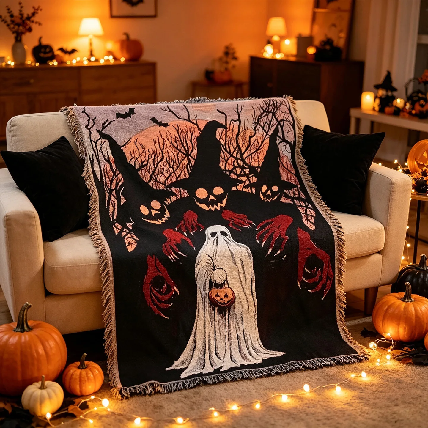 Halloween Horror Ghost Skeleton Woven Blanket Sofa Towel Cover Wall Decor Art Tapestry Carpet Hanging Outdoor Camping Blanket