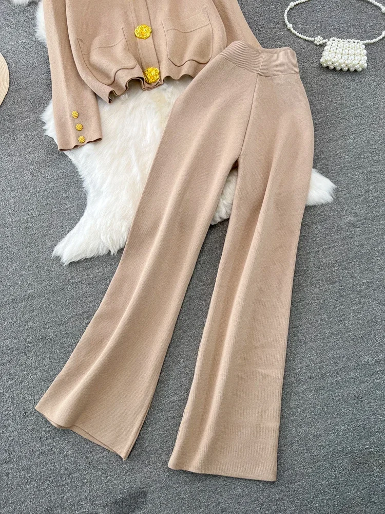 Women Outfits Sweater Two Piece Set Autumn Winter V-neck Single Breasted Knitted Jacket High Waist Straight Leg Wide Pants Suits