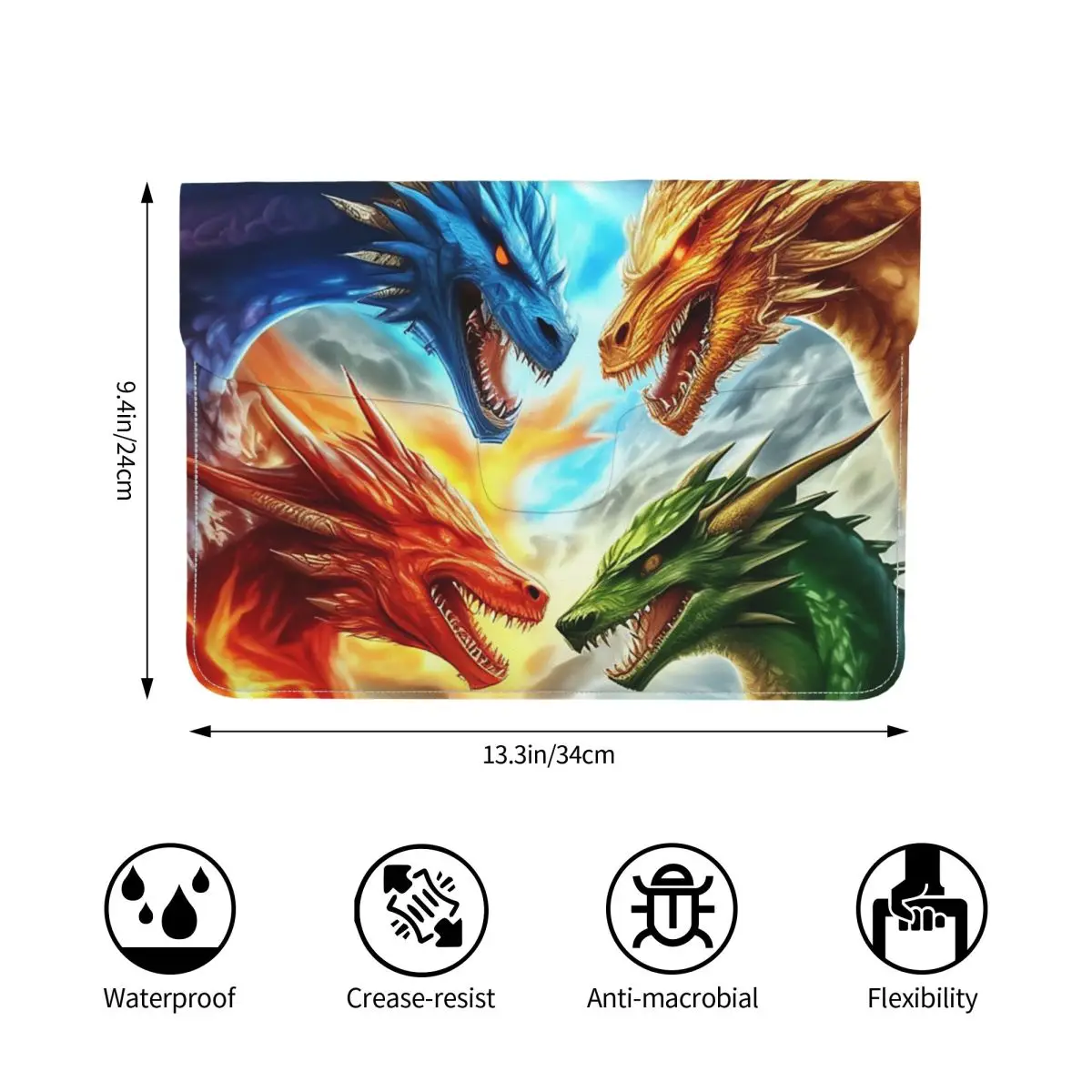Colorful Mythical Dragon Print PU Leather Horizontal Laptop Sleeve Shockproof Soft Lining Notebook Case 13 Inch