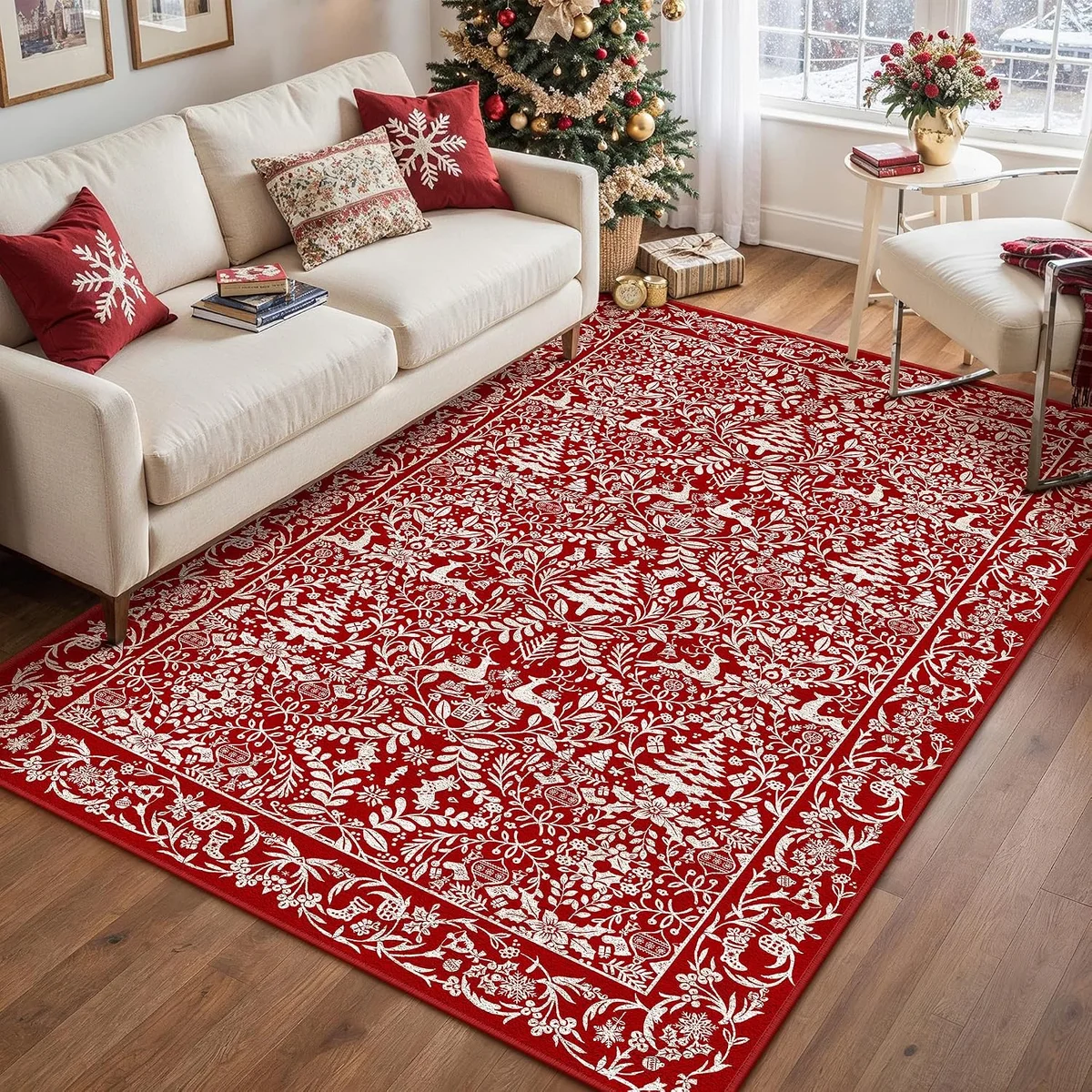 Large 10x12 Christmas Area Rug Red Reindeer Carpet Washable Non Slip Low Pile Throw Rug for Playroom Bedroom Home Decor