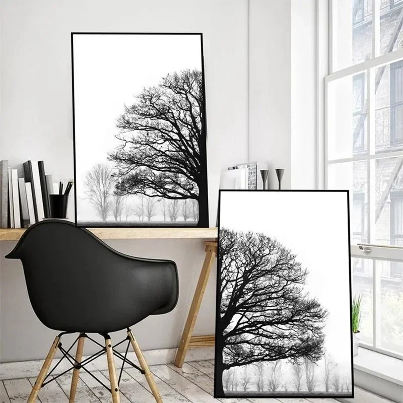 Schwarz-weißer Winterbaum, Wandkunstdruck, Gemälde, Pflanzen, Bilder, skandinavischer Stil, Bäume, Poster, Wohnzimmer, Heimdekoration