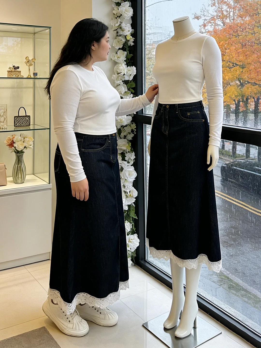 

High Waist A-Line Long Skirt Denim Blue Lace Patchwork plus Size Women's f Body Skirt Korean Sle Commute Casual Autumn W...