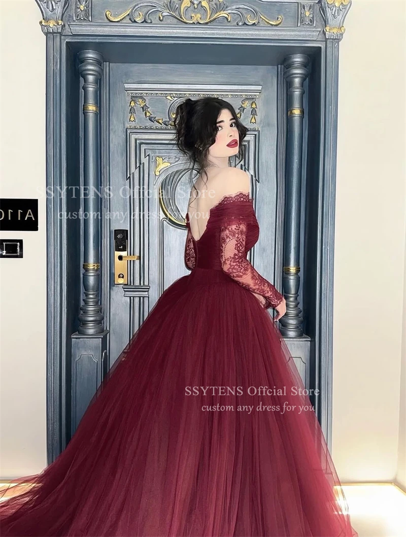 SSYTENS Burgundy Lace Evening Dresses Saudi Off The Shoulder Pleats Wedding Prom Dresses Dubai Formal Prom Gown Woman Customized