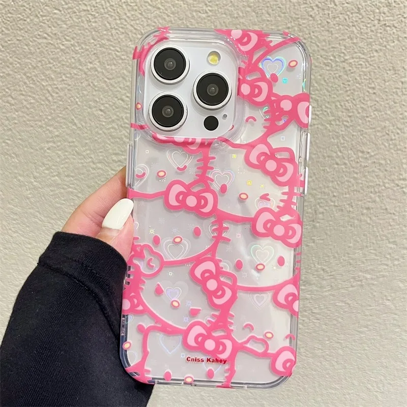 Hello Kitty Bow Full Screen Phone Case For iPhone 16 15 14 13 12 11 Pro Max XR XS MAX 7 8 Plus Y2K Pink Girl Laser Shining Cover - náhled 4