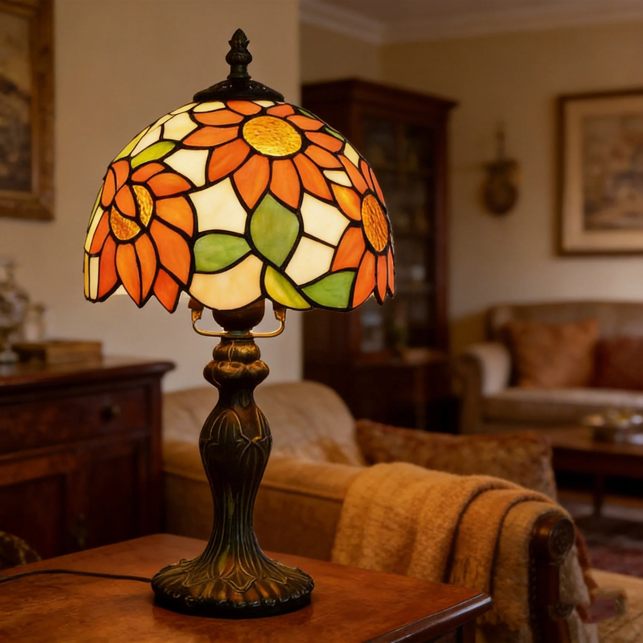 Tiffany Style Orange Sunflowers Stained Glass Table Lamp, 8 Inch Small Antique Lamp, for Bedside Nightstand Bedroom Living Room