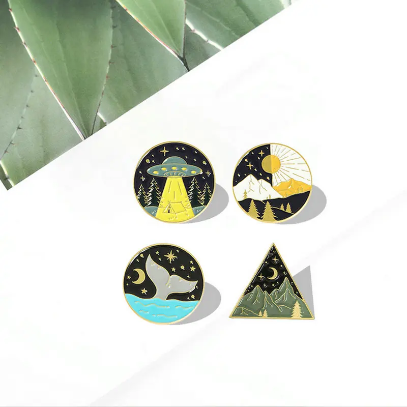 Sun and Moon Alternation Enamel Pins Natural Landscape Star River Whale Tale Brooch Lapel Badge Bag Jewelry Gift for Friends