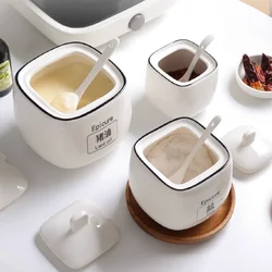 Kitchen Supplies Household Salt Shaker Sugar Pot with Spoon White Ceramic Seasoning Jar Oiler Seasoning Box Cooking Storage Tool