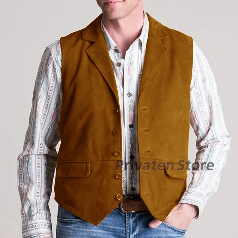 Chaleco de gamuza con solapa y muescas para hombre, chaqueta Steampunk informal de un solo pecho, cárdigan con botones sólidos de talla grande