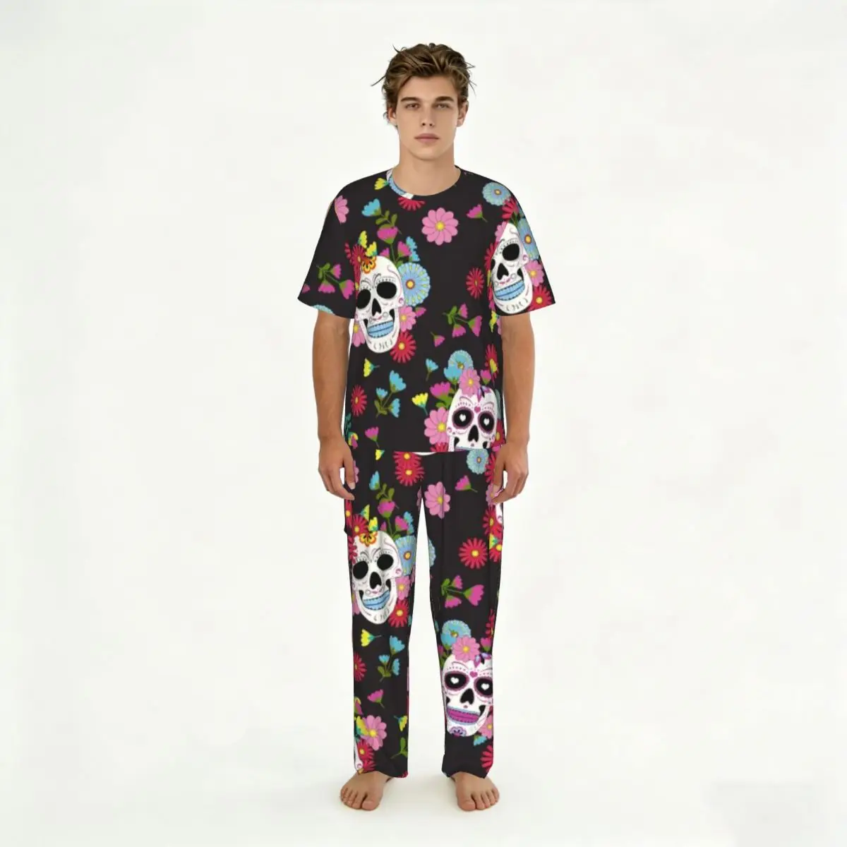 

Men's Pajamas Set Summer Short-Sleeve Tops + Long Pants Nightwear Home Wear Suits Day Of The Dead Skull With Floral Sleepwear