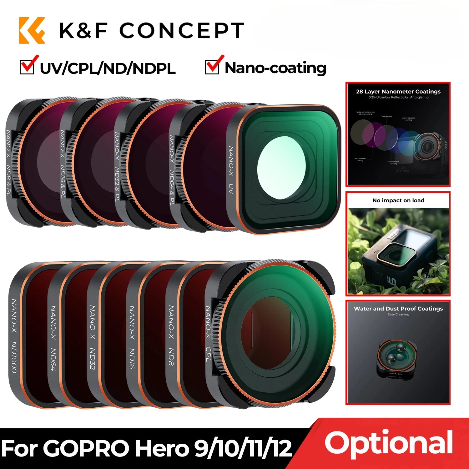 Фильтры K&F Concept для экшн-камер GOPRO Hero 9/10/11/12 UV CPL ND/PL ND8 ND16 ND32 ND64 ND1000 Набор водонепроницаемых фильтров в корпусе