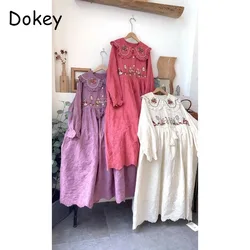 Vintage Embroidery French Lace-up Cotton Linen Midi Dress Women Japanese Mori Girl Autumn Peter Pan Collar Loose Kawaii Dresses