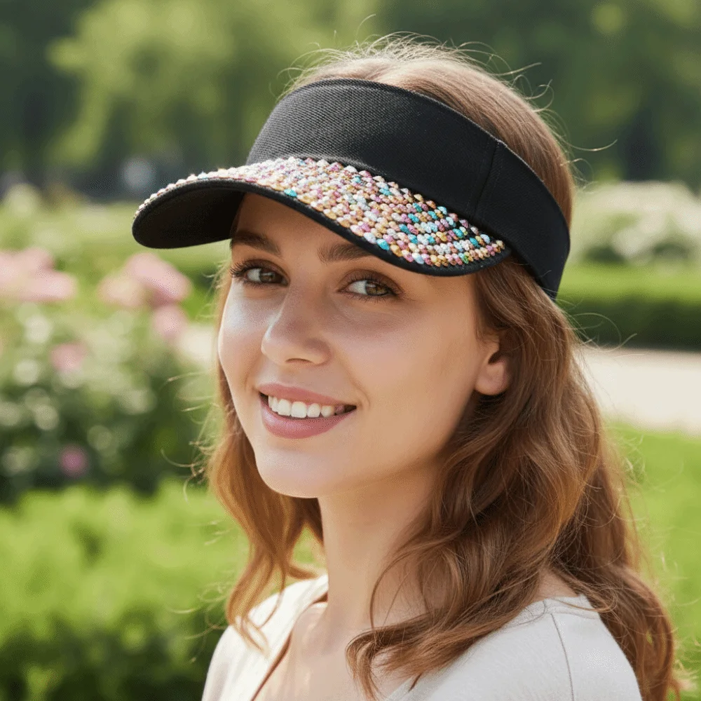 Fashionable Breathable Empty Top Hat with Embedded Rhinestones Wide Brim Sunshade Cap Candy Colored Sun Hat Summer