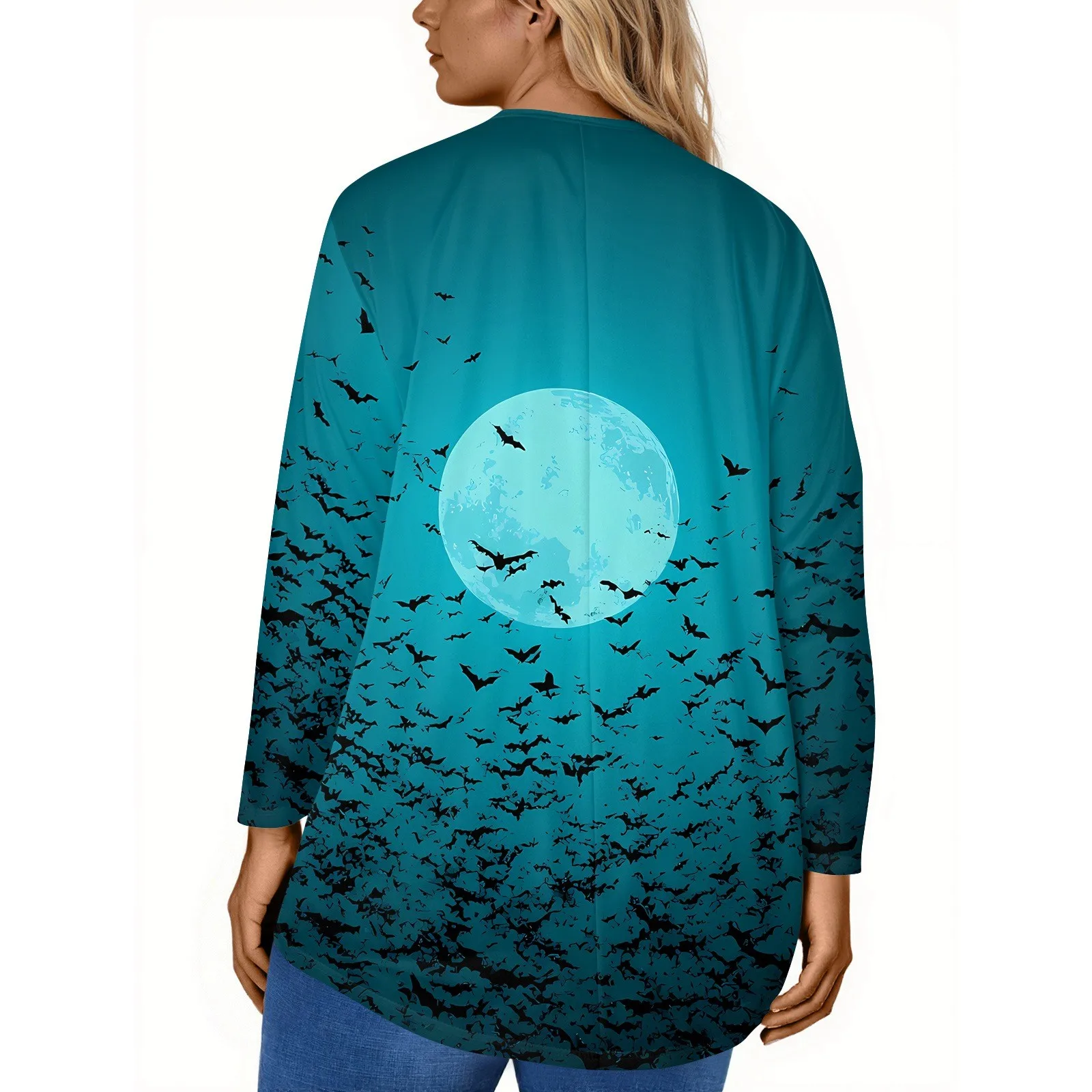 Plus Size Halloween Print T-Shirt for Women Fashion Round Neck Long Sleeve Casual Loose Pullover Top Halloween Party Costumes