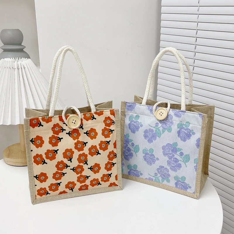 Linnen Stof Canvas Handtas Met Knoop Herbruikbare Make-Up Opslag Kleine Tote Love Flower Print Picknick Ontbijttas