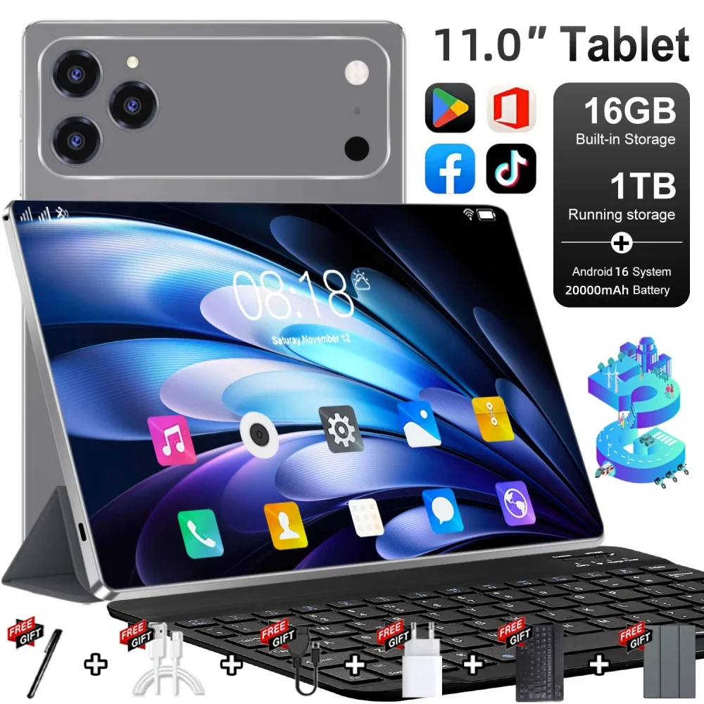 Новый глобальный планшет 2026 года, 11 дюймов, Android 16, Pad 17 Pro, 16 ГБ ОЗУ, 1 ТБ ПЗУ, 4K HD, 5G Wi-Fi, Bluetooth, GPS, WPS, 20000 мАч, планшет-телефон