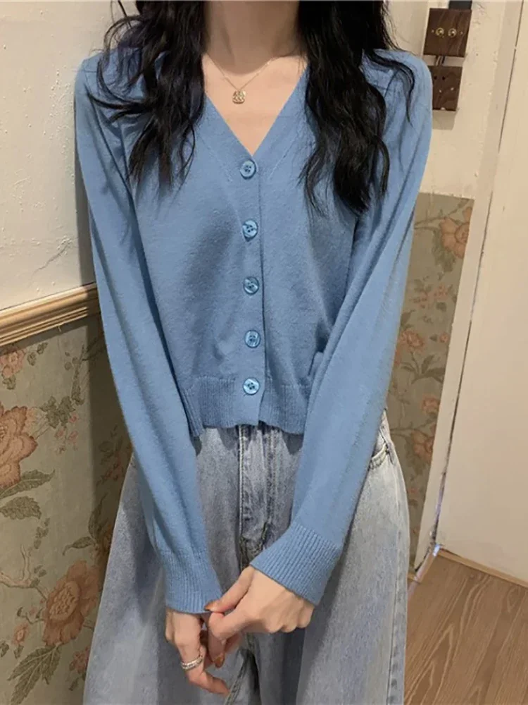 2025 Cárdigan de punto suéter botón Otoño Invierno cuello en V manga larga pantalón corto Casual Tops para mujer suéter