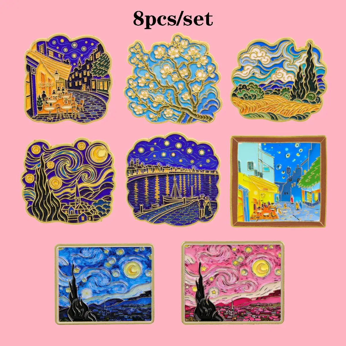 8Pcs Van Gogh Art Brooch Starry Night Metal Enamel Pins Set Badge on Backpack Clothing Accessories Jewelry Gift for Friends