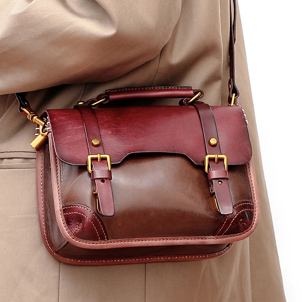 Genuine leather crossbody bag Women's cowhide commuting bag Single shoulder bag Plant tanned leather large capacity handbag