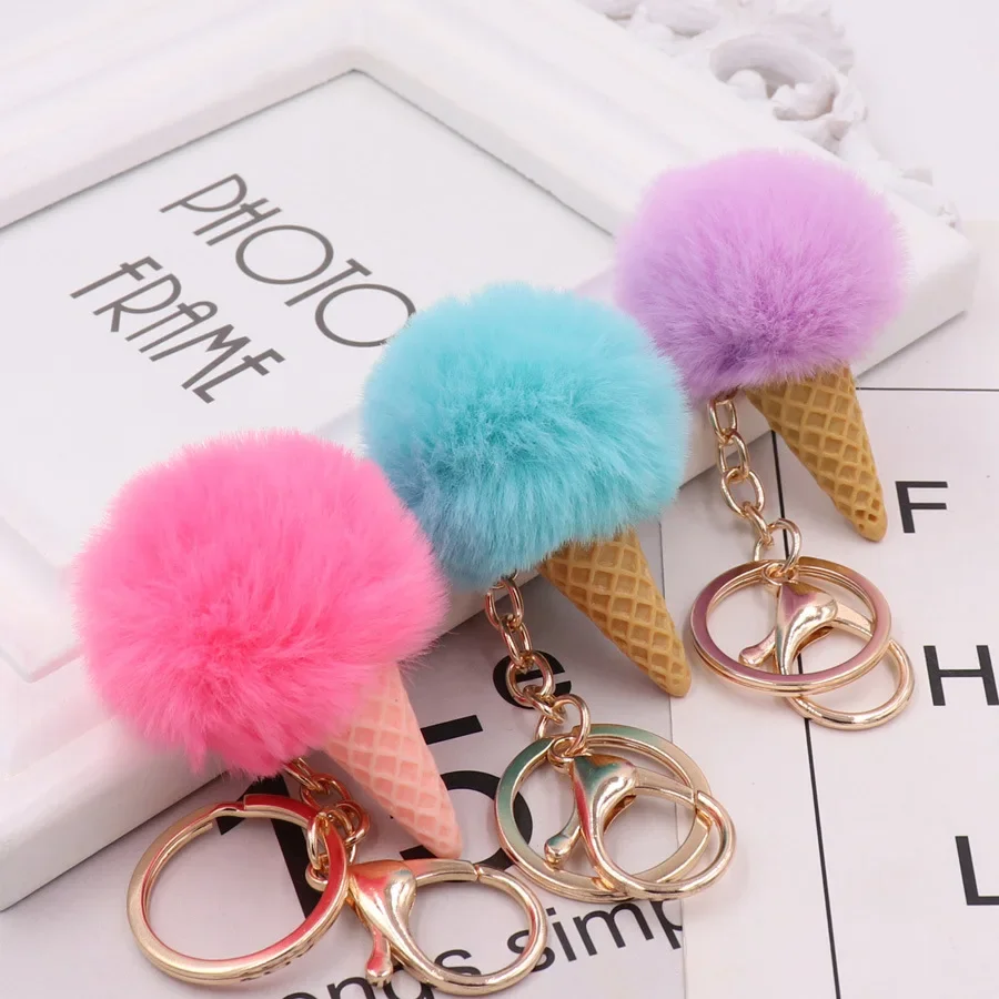 Cute Hair ball ice cream cone Keychain Pendant Women Key Ring Holder Pompoms Key Chains gifts for women bag accessories