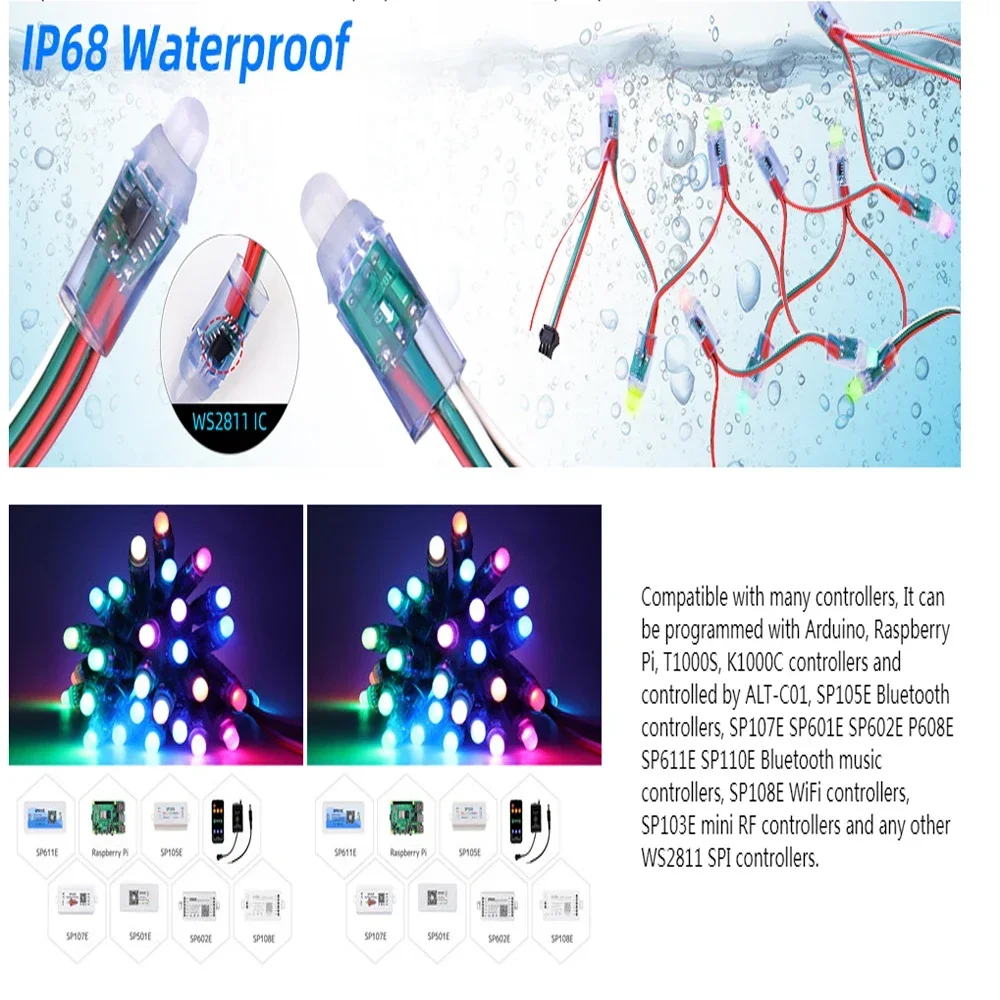 50 قطعة WS2811 IC RGB كامل اللون 12 مللي متر بكسل الرقمية عنونة 5 فولت 12 فولت حلم اللون LED بكسل وحدة IP68 ضوء مقاوم للماء