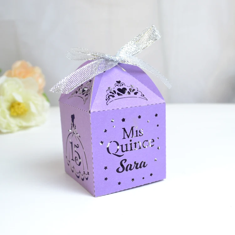 Quinceanera Theme Custom Sweet 15 Year Old Birthday Party Laser Cut Favor Gift Box with Organza Ribbon