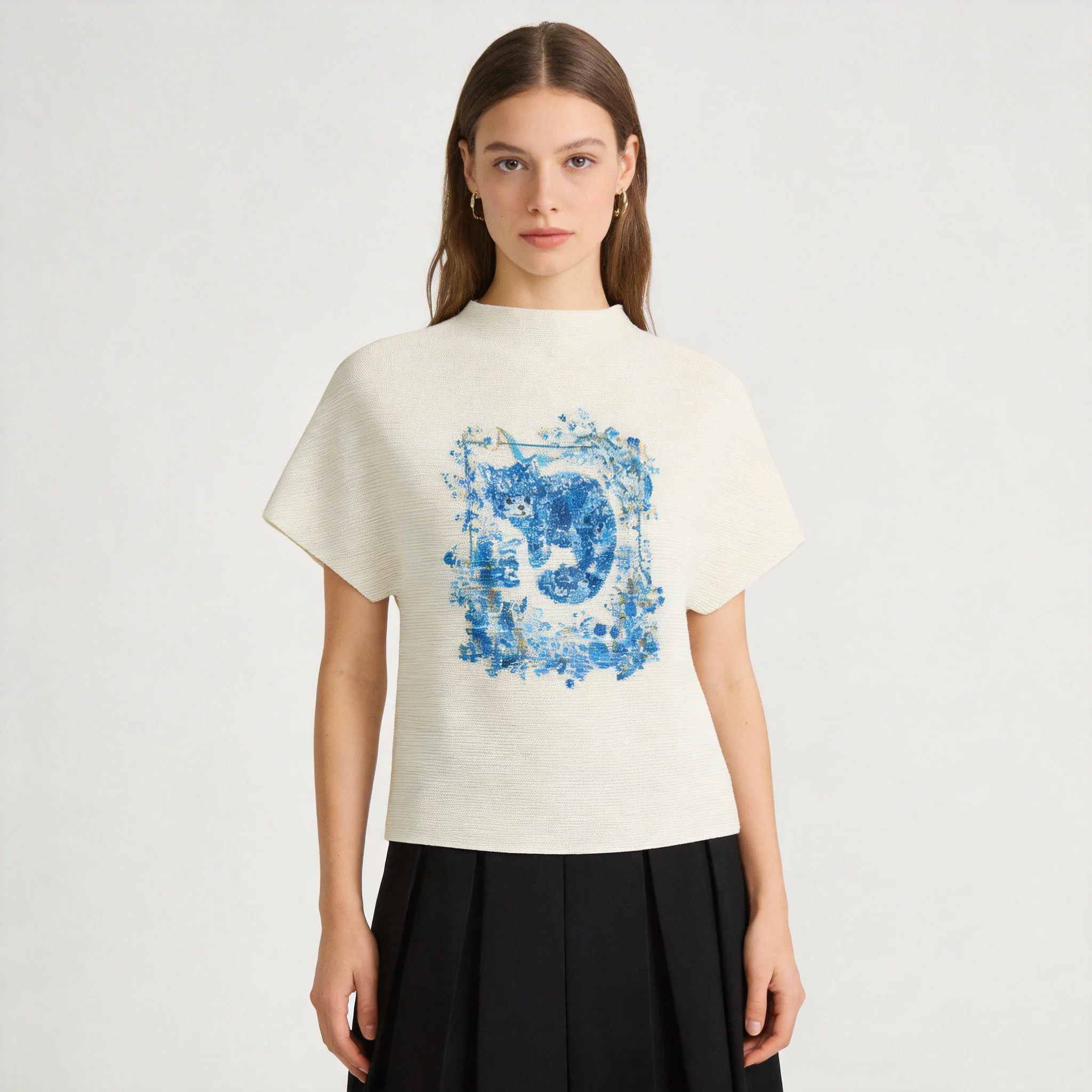 

Miyake style high-end corn grain pleated printed T-shirt for women high elastic slim fit versatile stand-up collar top for women