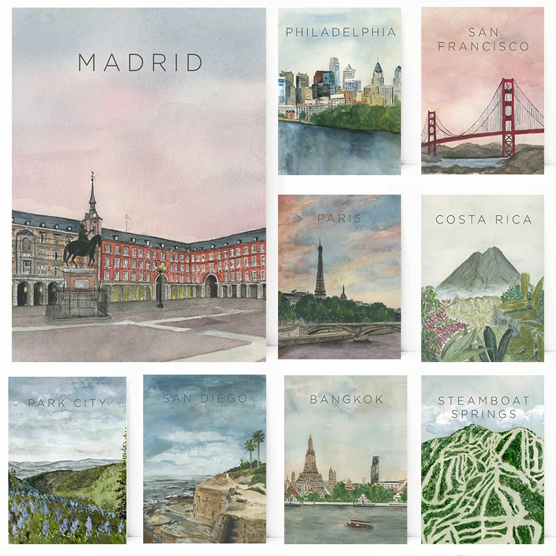 1pc frameless Canvas Painting Around the World Landscape Watercolor Poster Modern City Skyline Prints Canvas Painting Wall Art P