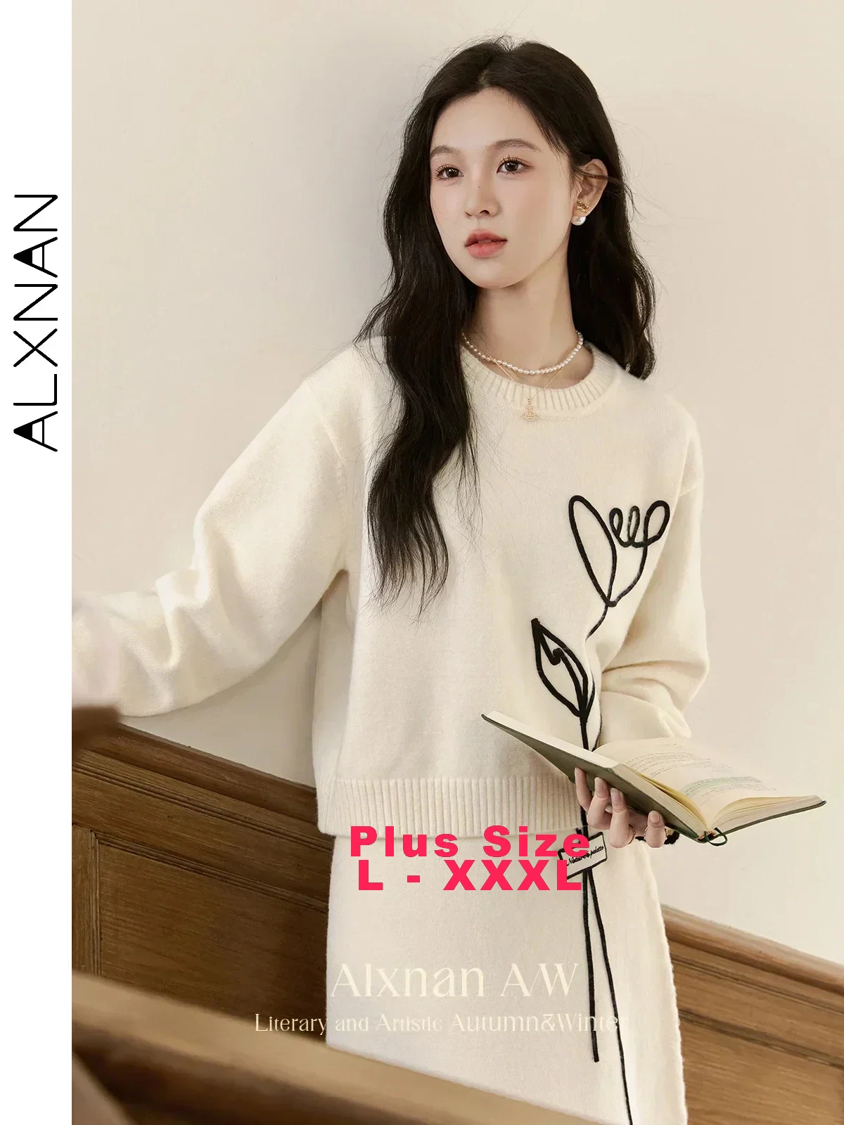 ALXNAN Women's Plus Size Gentle Sweaters Three-dimensional Tulip Plate Flowers O-neck Long Sleeve Jumper 2024 Fall Winter D07517