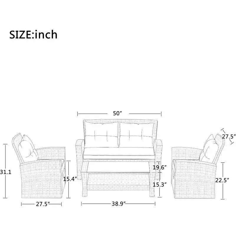 Conjunto de muebles de mimbre para patio, sofá seccional para todo tipo de clima, taburete de pie, cojines y mesa de vidrio con estante