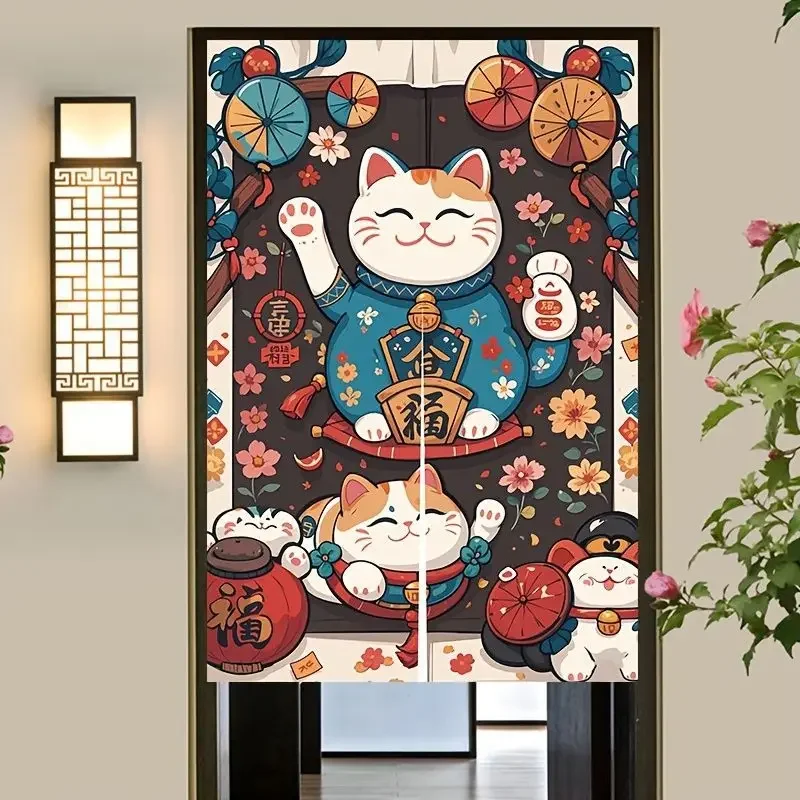 VIKAMA Lucky Maneki Neko Door Curtain Japanese Fortune Cat Hanging Curtain Kitchen Entrance Partition Curtain Home Decor