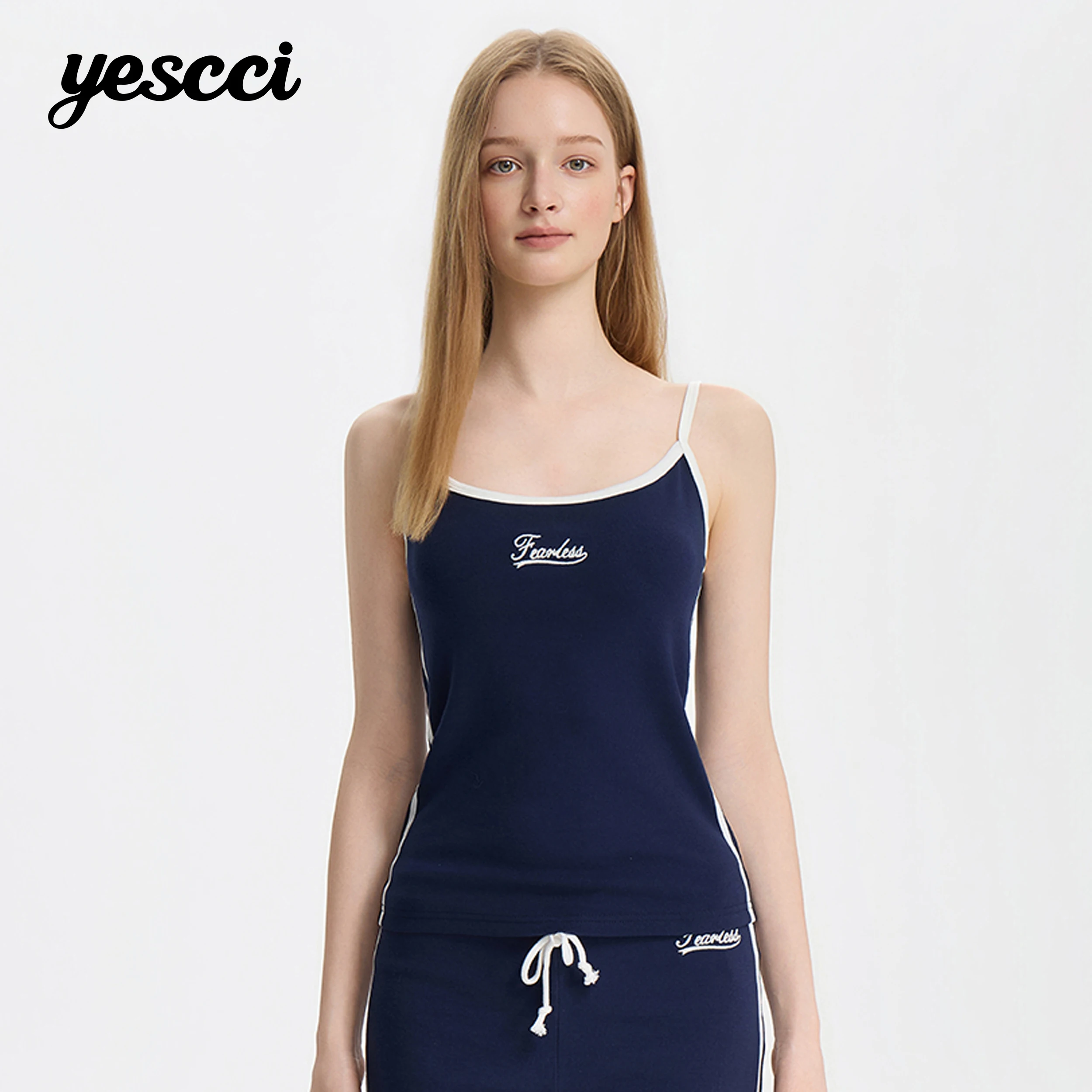 YESCCI Contrast Trim Women Sleeveless Top Letter Embroidery Thin Fitted Soft Stretch Casual 2026 Summer New Tank Top S56427713