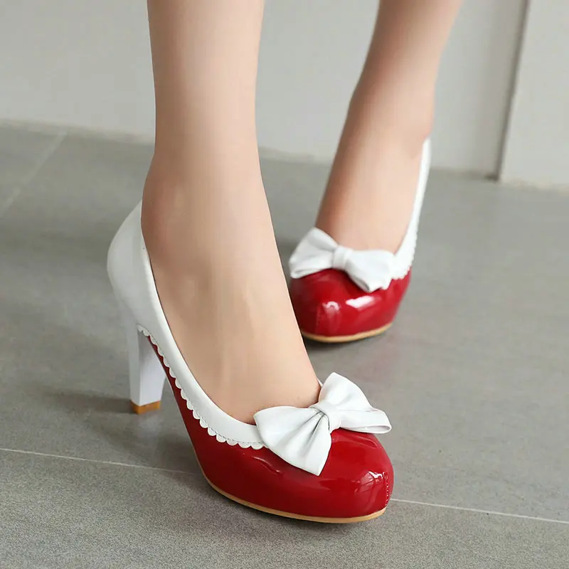 

Women High Heel Shoes Round Toe Heel Pumps Women Slip On Platform Pumps Red Patent Leather Bow Party Wedding Footwear 32-46