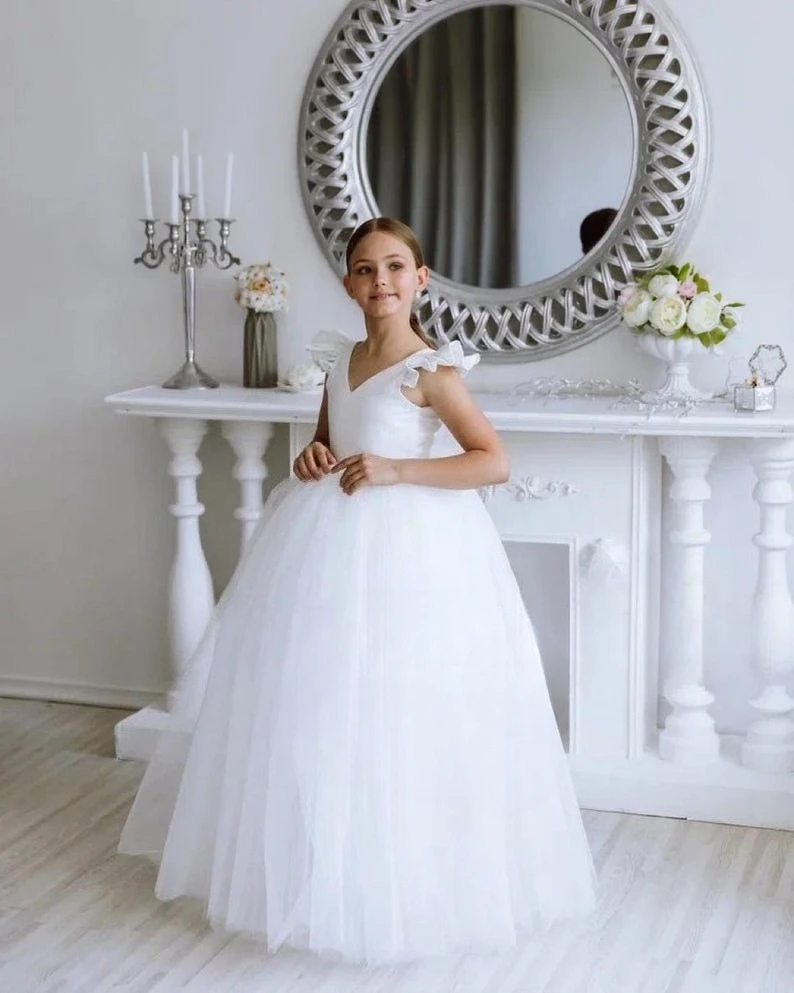 

Tutu Tulle flower girl dress Satin baby Toddler dress with train Junior bridesmaid wedding dress pageant dresses for girls