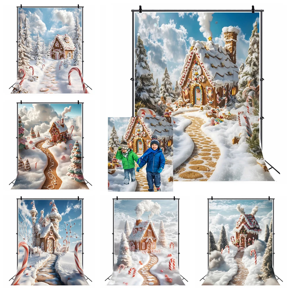 Toile de fond de photographie de maison de pain d'épice de Noël, décor de fête d'anniversaire, maison de bonbons enneigés d'hiver, arrière-plan de photo de portrait d'enfants