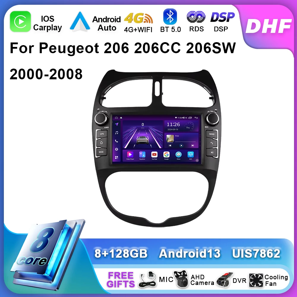 Android 13 Auto Car Radio For Peugeot 206 206CC 206SW 2000 - 2008 Navigation Multimedia Video Player Carplay Screen 4G GPS 2 Din