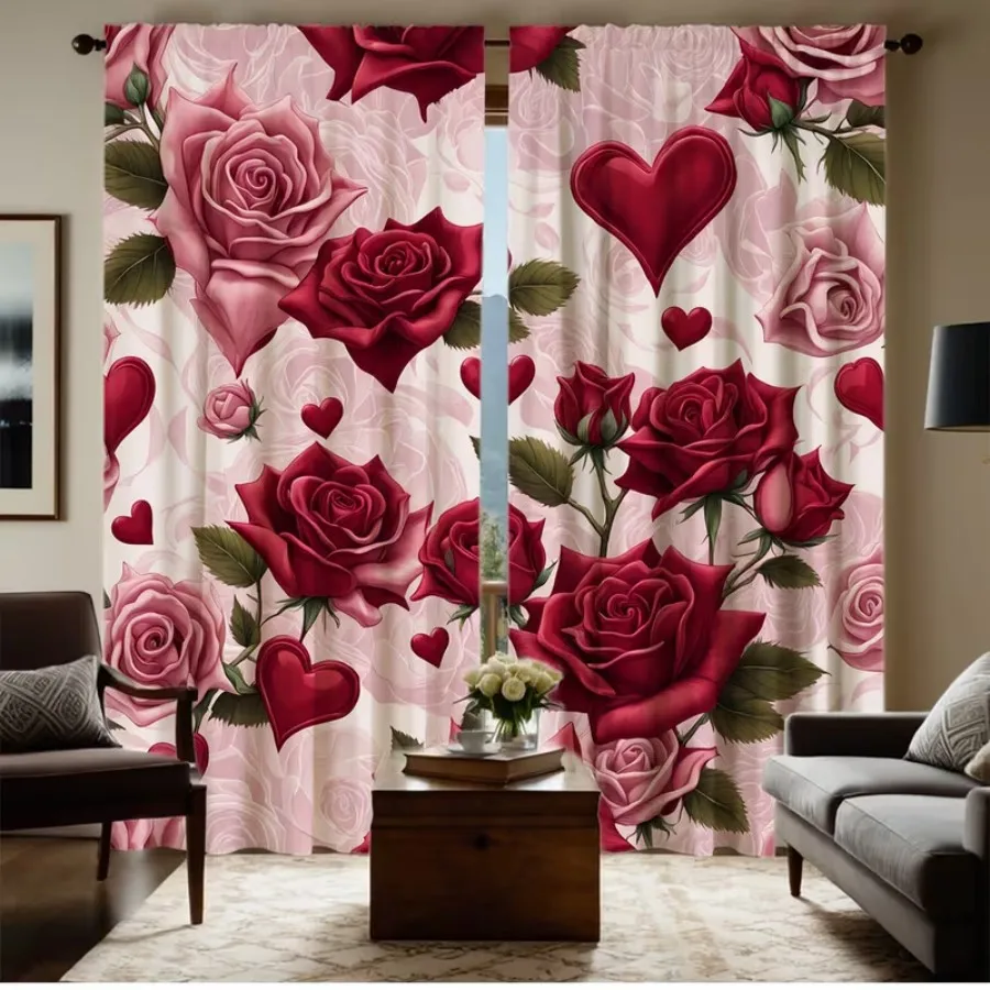 2 PCS Heart Pink Rose Curtains, Sweet Romantic Style Window Drapes for Living Room Bedroom Home Decor Polyester Rod Pocket