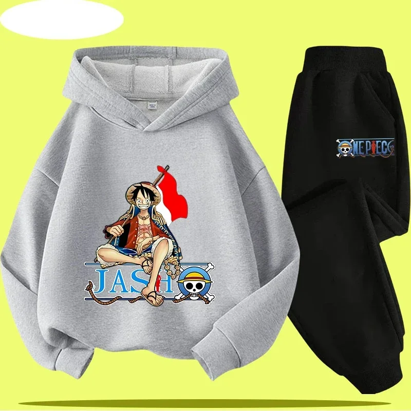 

3-12 years old One Piece children's hooded shirt set -Luffy's letter A-Z cartoon print boys' sports shirt casual top 2-piece set
