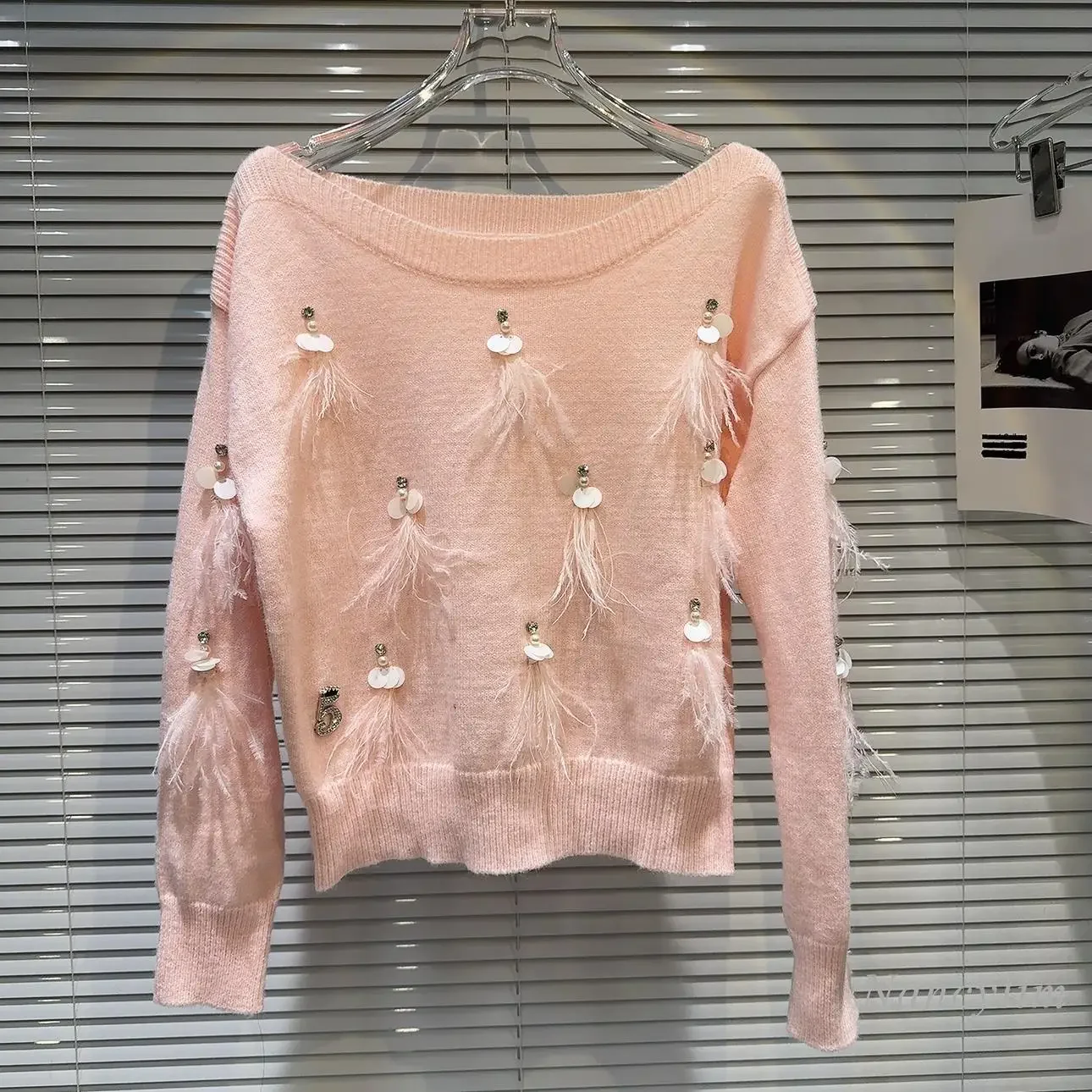 2024 Spring Winter New Feather Sequined Beads Sweet Solid Color Wool Knitted Sweater for Women