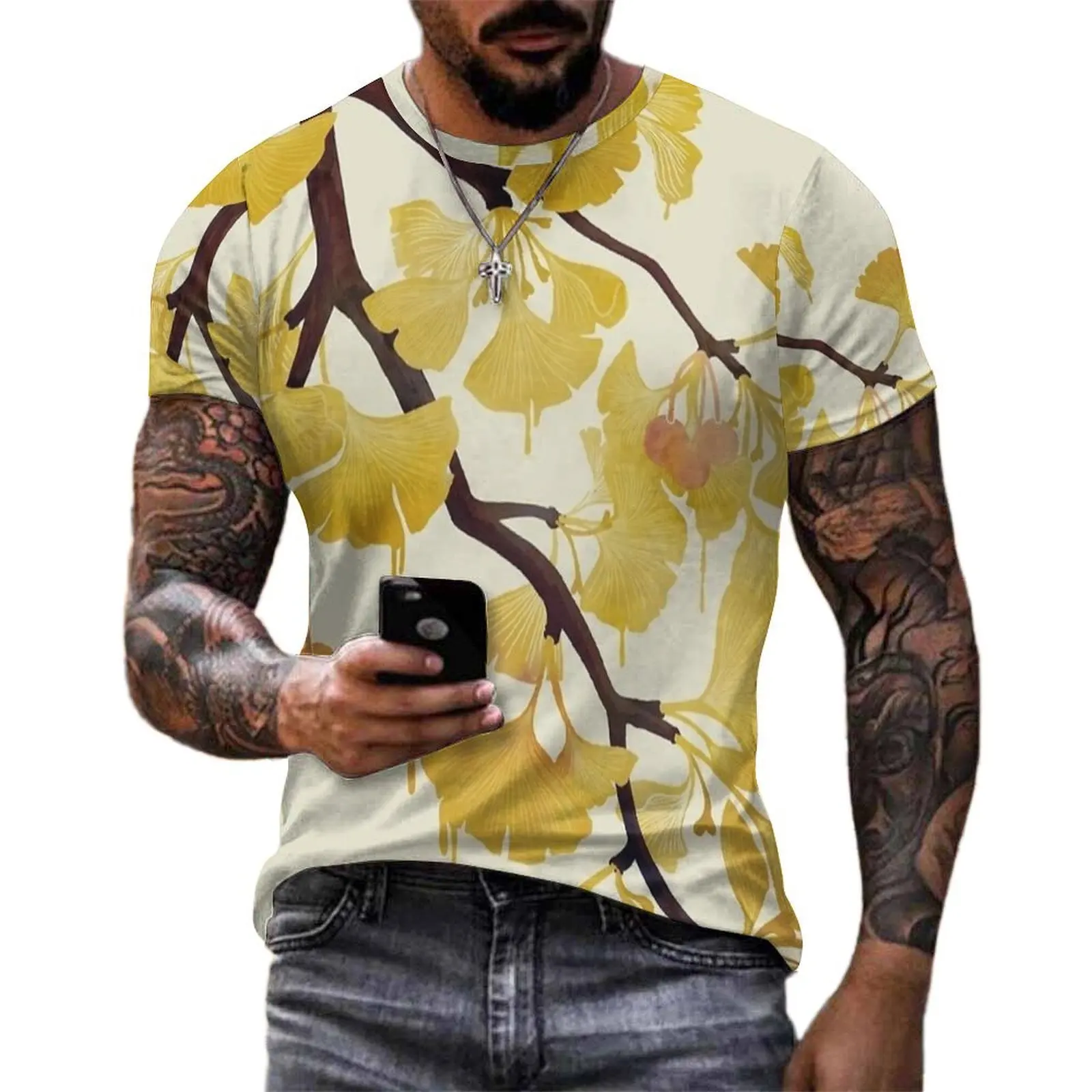 Yellow Leaf Ginkgo Print T Shirt  Cool T Shirts Male Casual Tee Shirt Beach Short Sleeve Graphic Tees Big Size