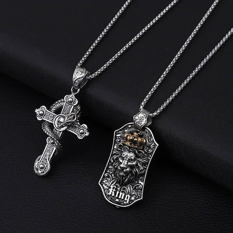 

Men's Retro Western Titanium Steel Necklace Set - Cross Snake & Lion Double Pendants, Hip Hop Trendy Accessory