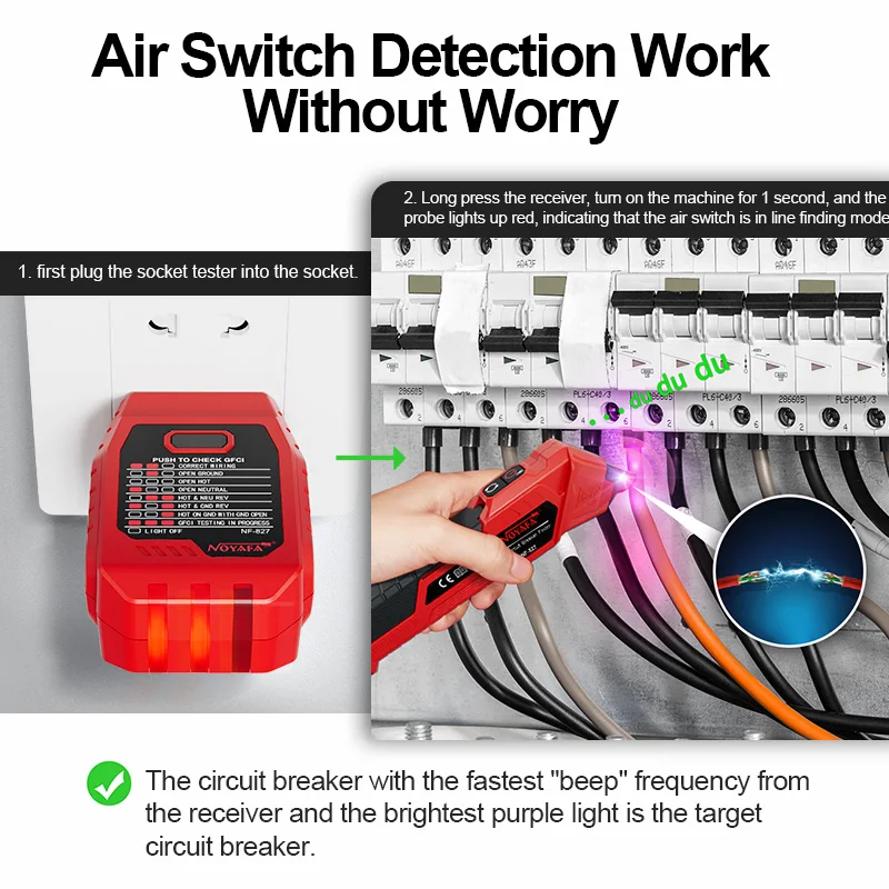 NOYAFA NF-827 Durchgangsprüfer zur Erkennung der Steckdosenleitungssequenz und digitaler Leistungsschalter-Finder für den privaten und industriellen Test