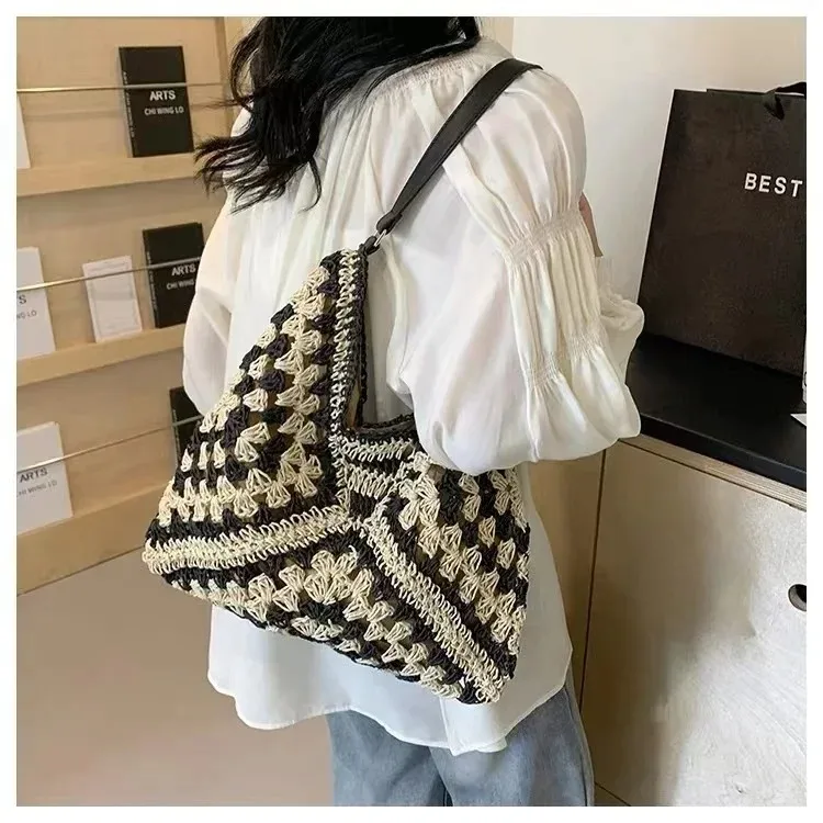 2025 Summer Straw Knitting Bag Hollow Out Tote Bag Solid Beach Shoulder Bag Holiday Travel Handbag Boho Shoulder Purse for Women