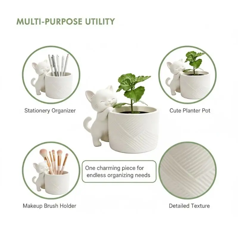 3D Printed Cute Cat Shaped Planter Twill Mini Pot for Dorm Desktop Balcony Home Garden Decor