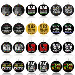 SOMEHOUR Black And Educated African Wooden Drop Earrings Making Melanin Girl Magic Popular Demand Sayings Print Big Circle Loops
