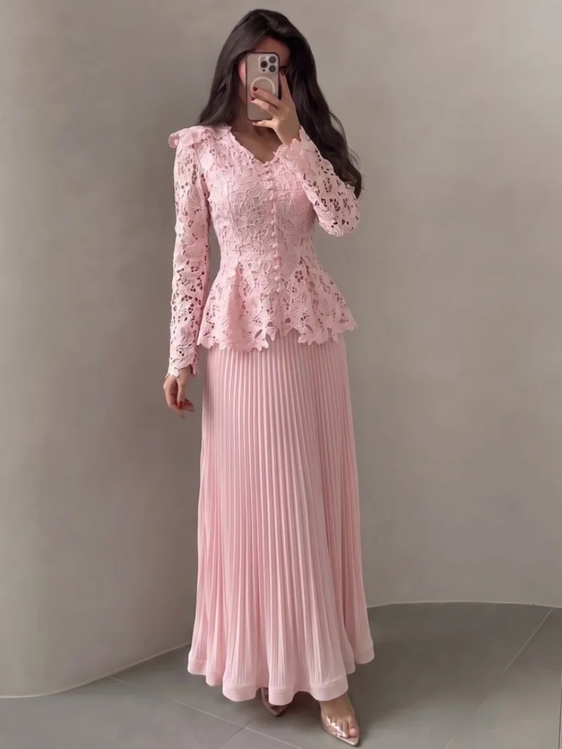 Fashion 2 Piece Sets Women Outfit Autumn Clothing Women 2026 Embroidery Lace Top Pleated Skirt Suit Elegant Two Piece Dress Sets