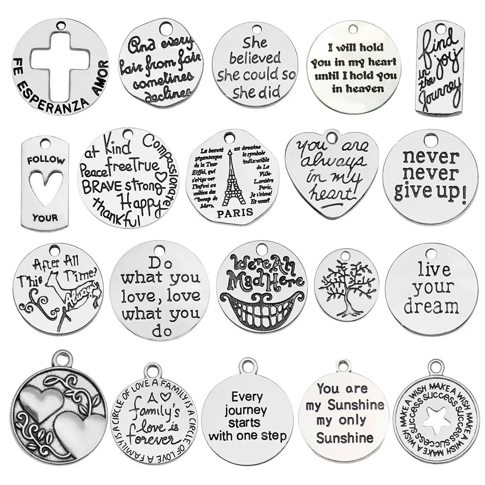 20PCS Tibetan Silver Alloy Inspirational Charms For Jewelry Making Bracelet Necklace Pendant Word Tags DIY Accessories Supplies