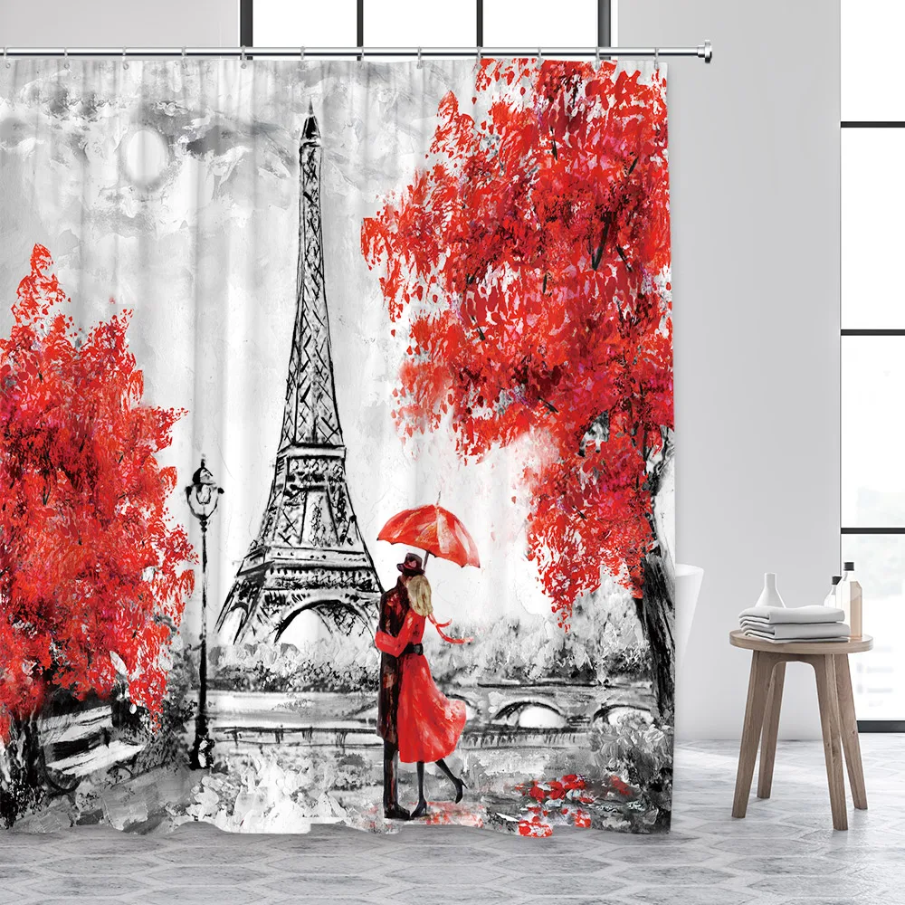 Vintage Paris Tower Shower Curtain Pink Floral Romantic Lovers City Street Scenery Modern Fashion Bathroom Curtains Fabric Decor