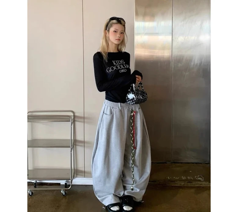 Pantalones de chándal holgados grises con estampado de letras para mujer, pantalones de baile estilo estético Harajuku Vintage Y2k Hip Hop, pantalones de pierna ancha