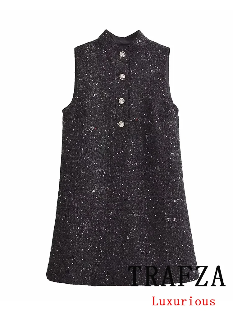 TRAFZA Vintage Casual Chic Women Sequins Dress Solid Sleeveless O-Neck Button Mini Vestidos New Fashion 2024 Autumn Female Dress