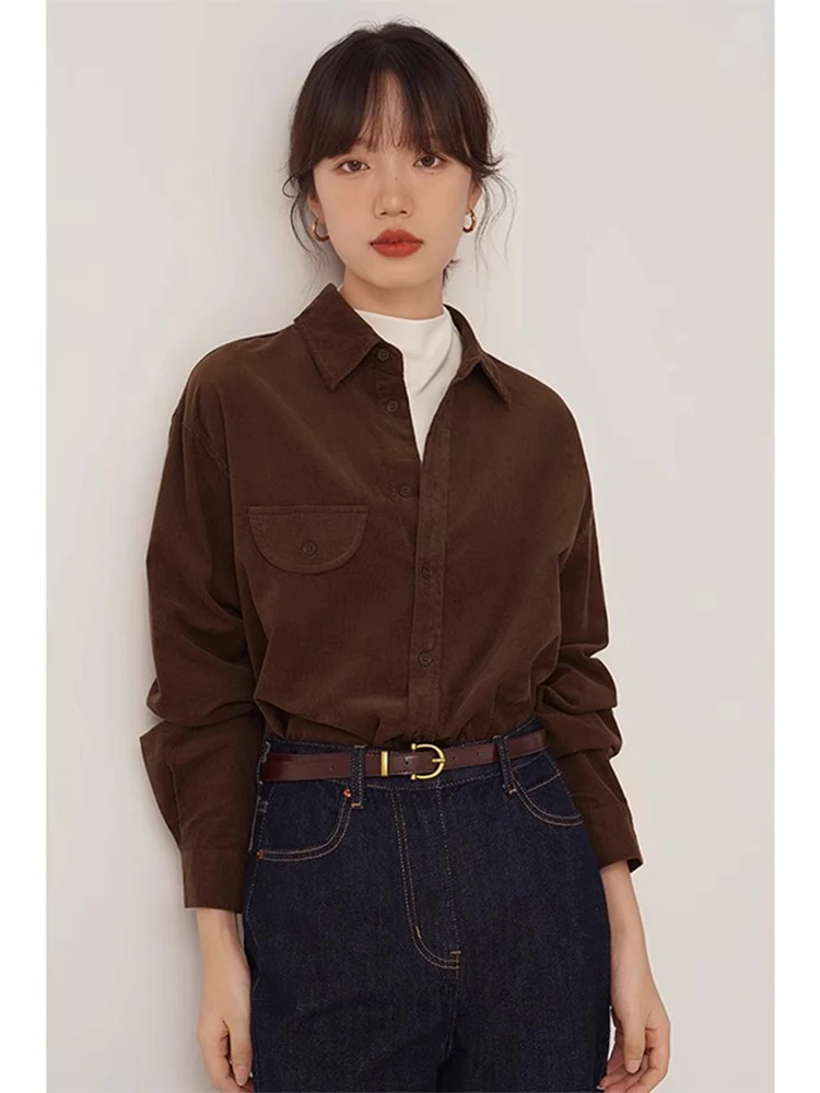 

Retro Corduroy Women's Shirt Thickened Inner Wear Spring Autumn Winter Layering Style Korean Commute Style Long Sleeve C...